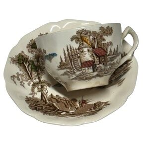 The Old Mill Johnson Bros Vintage Cream and Brown Teacup‎ and Saucer Set